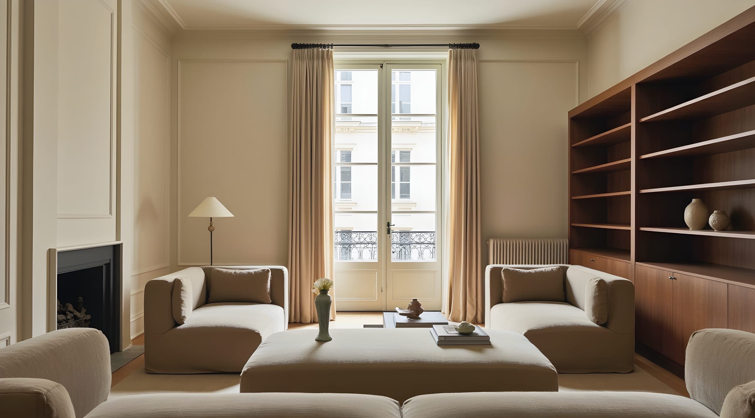 A living room in the Lova co French Elegance language — tall French doors, linen, oak