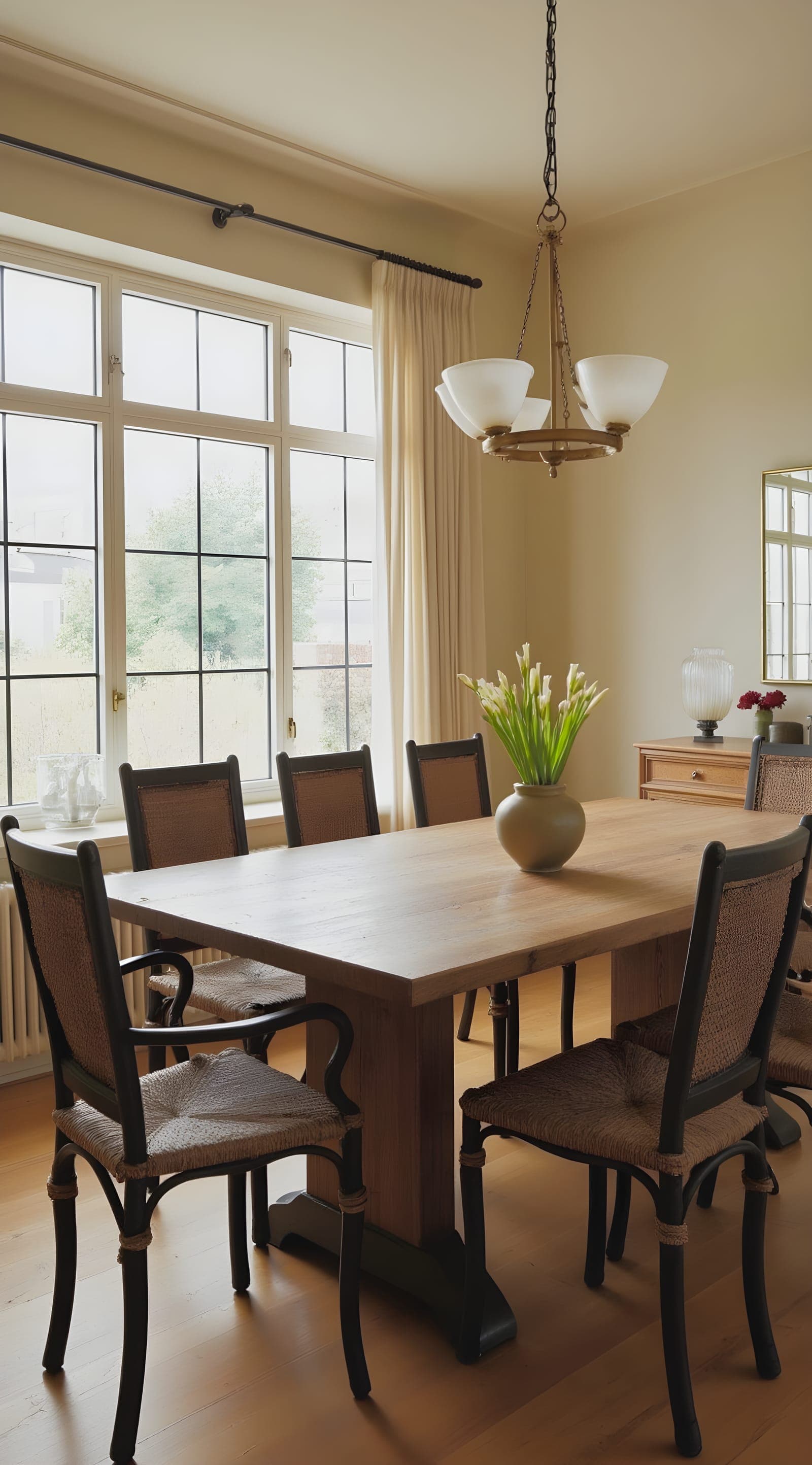 A dining room with a long timber table under a pendant, tall windows behind
