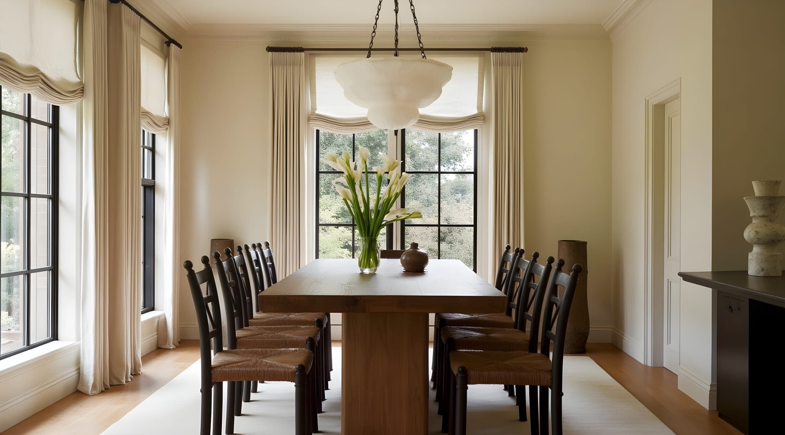 A dining room with tall steel windows and a long oak table