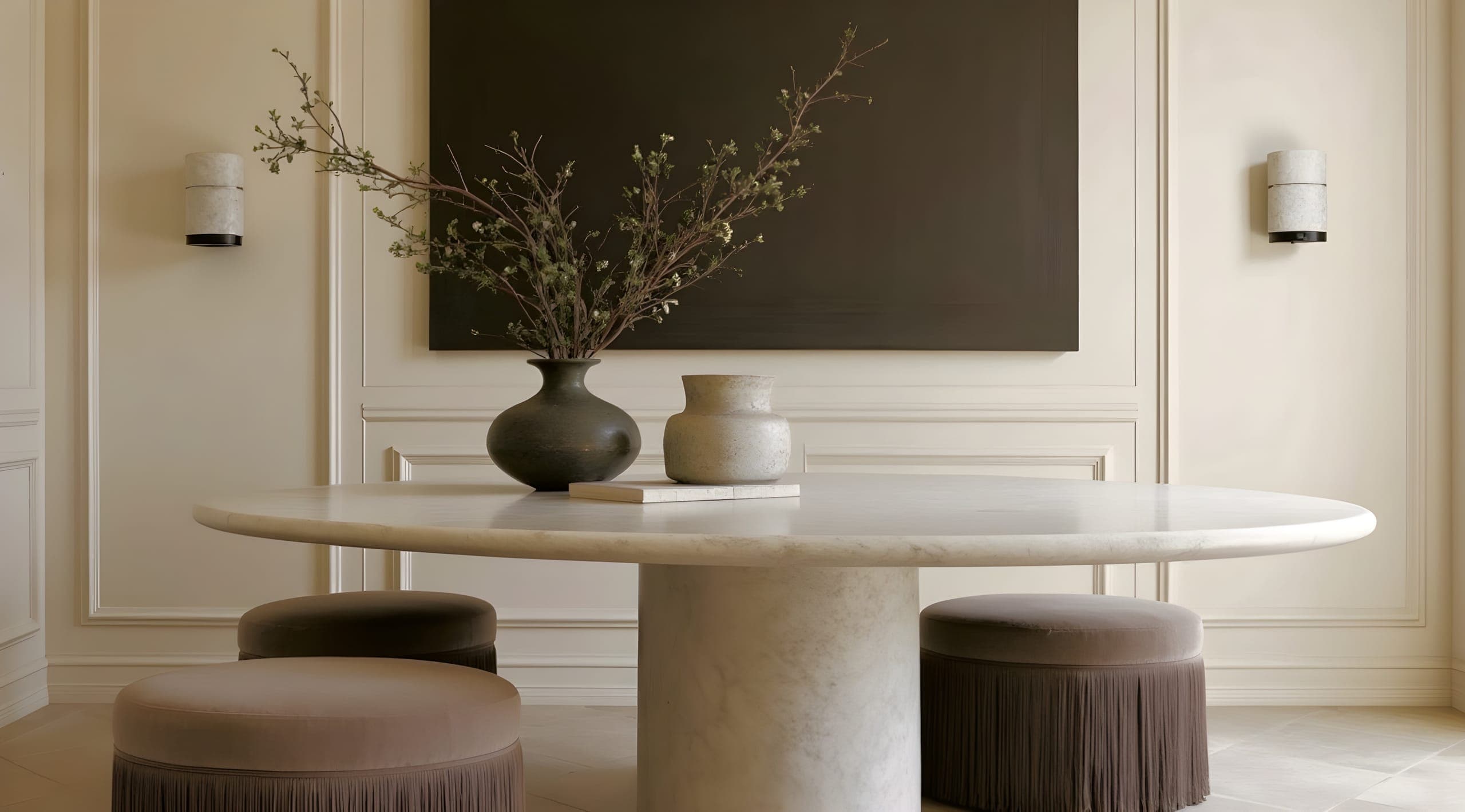 A stone dining table under a branch in a vessel, against painted panelling
