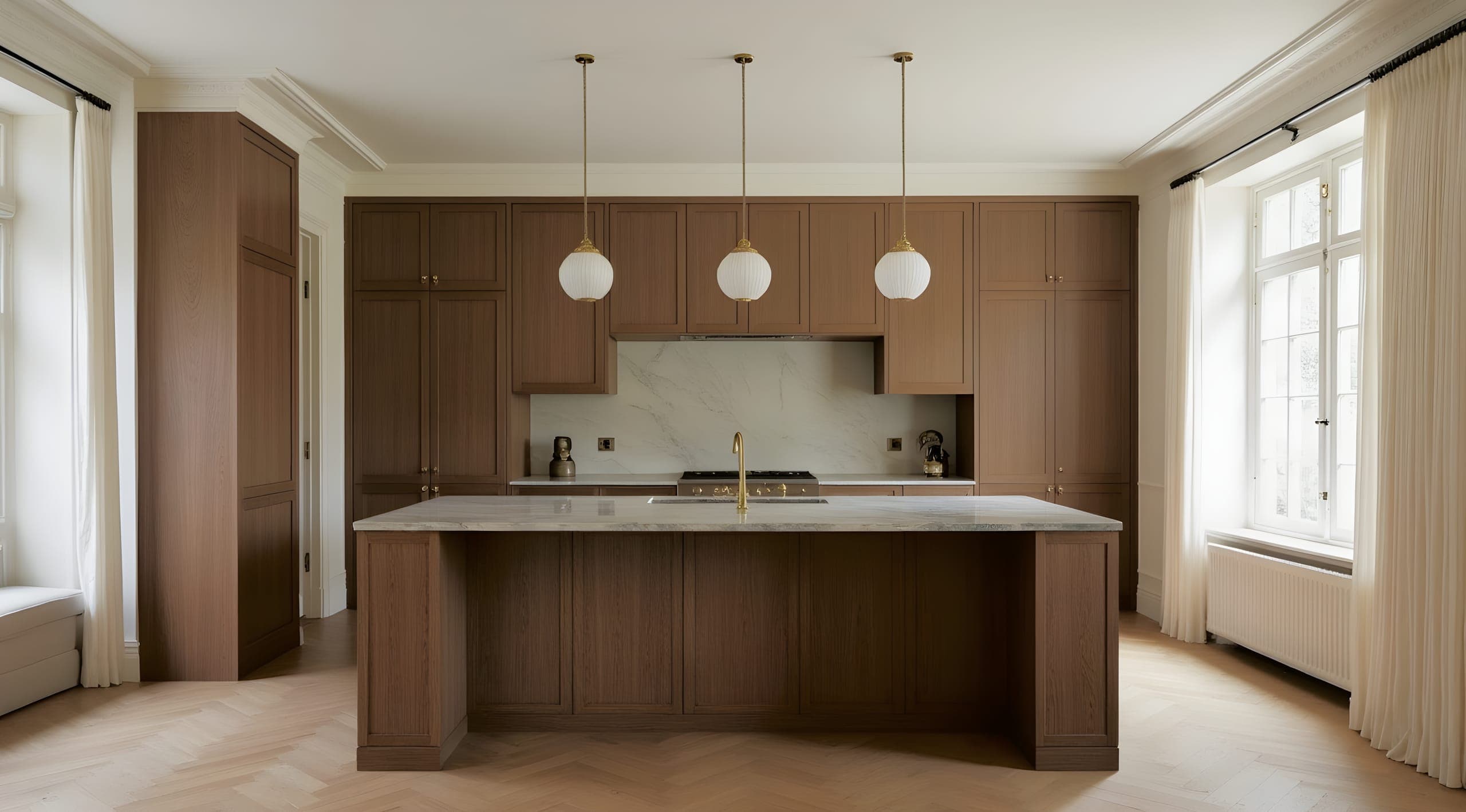 A walnut kitchen with a marble island and three globe pendants