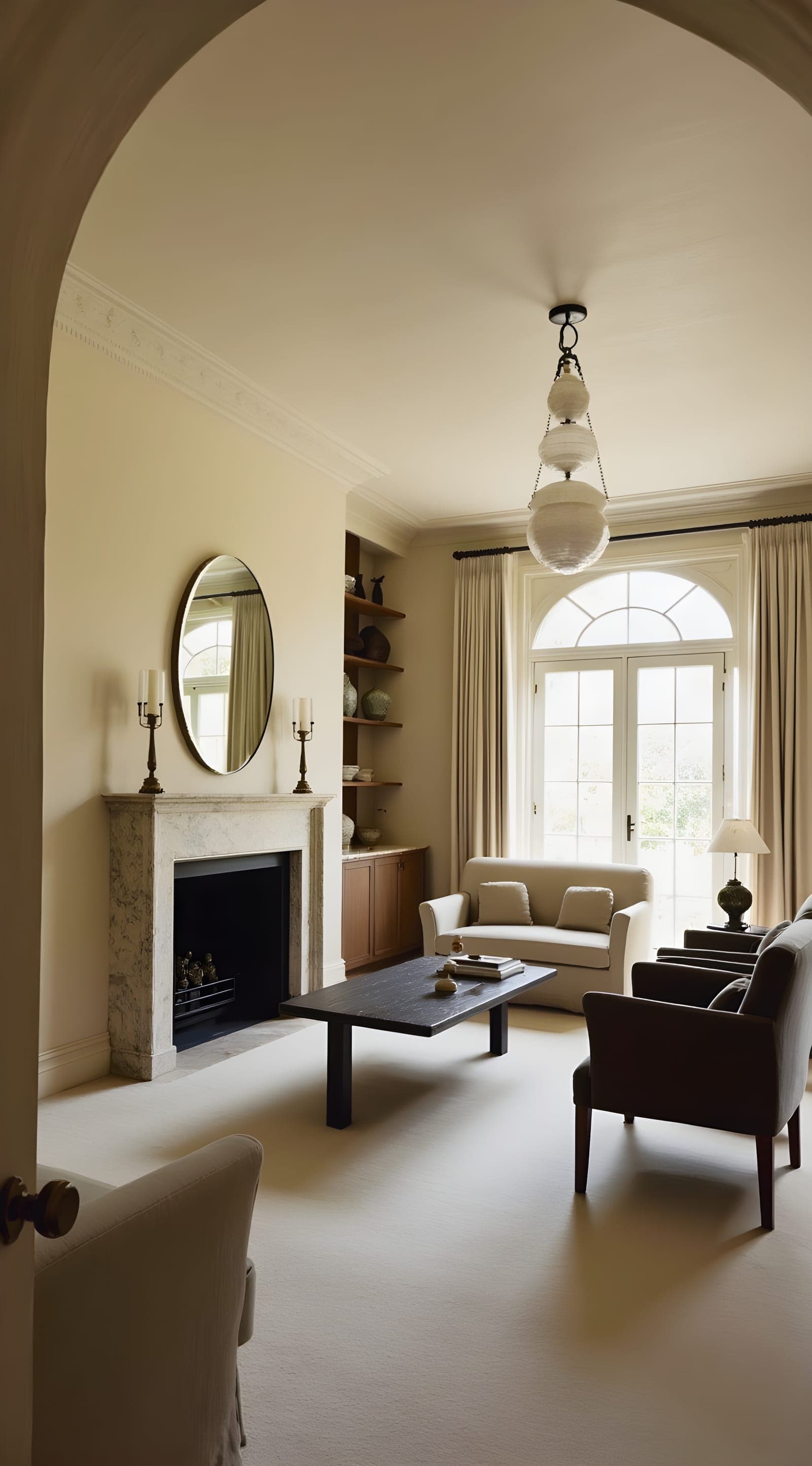 A living room in the Lova co French Elegance language — tall French doors, linen, oak