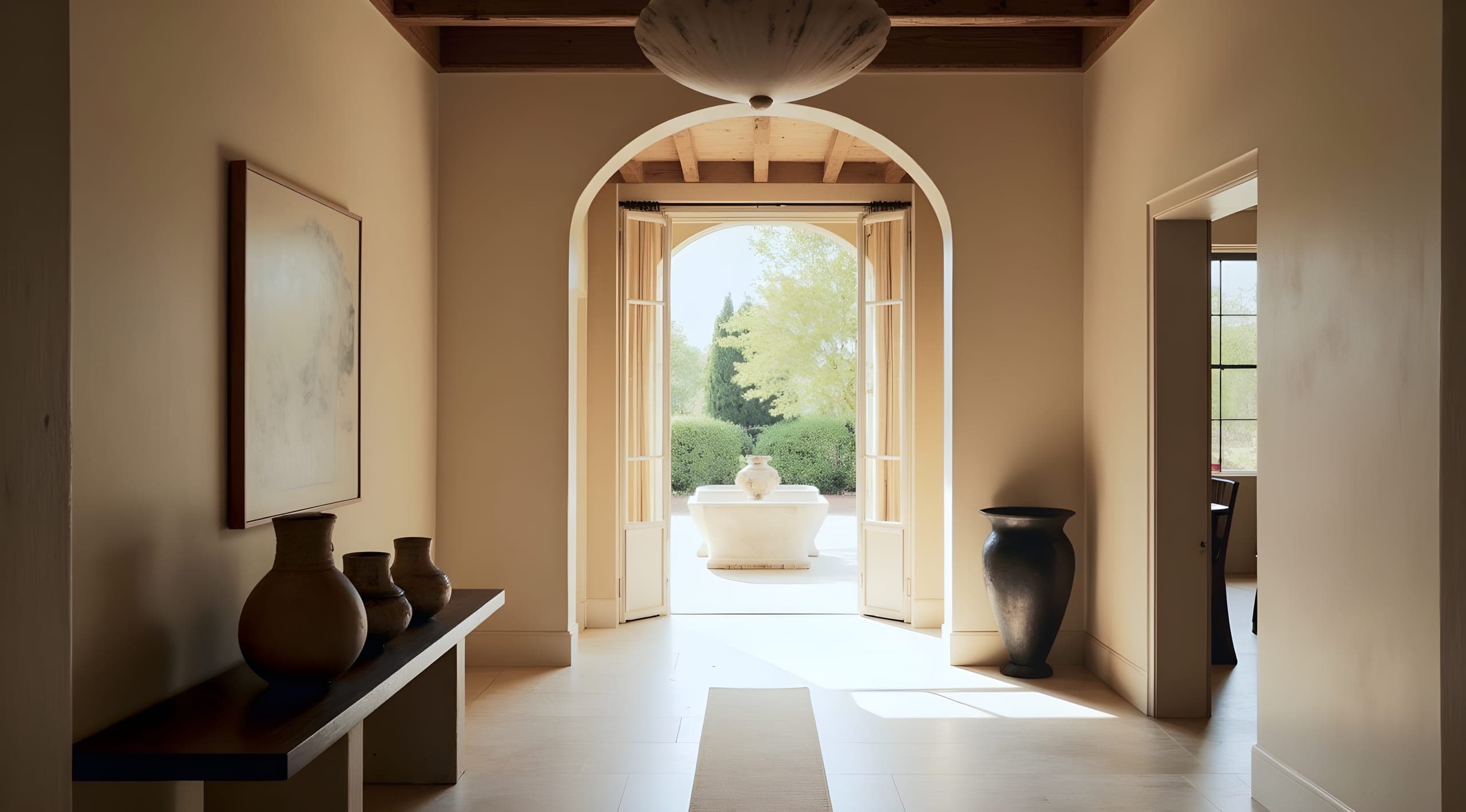 A plastered hall, an arched doorway open to a garden