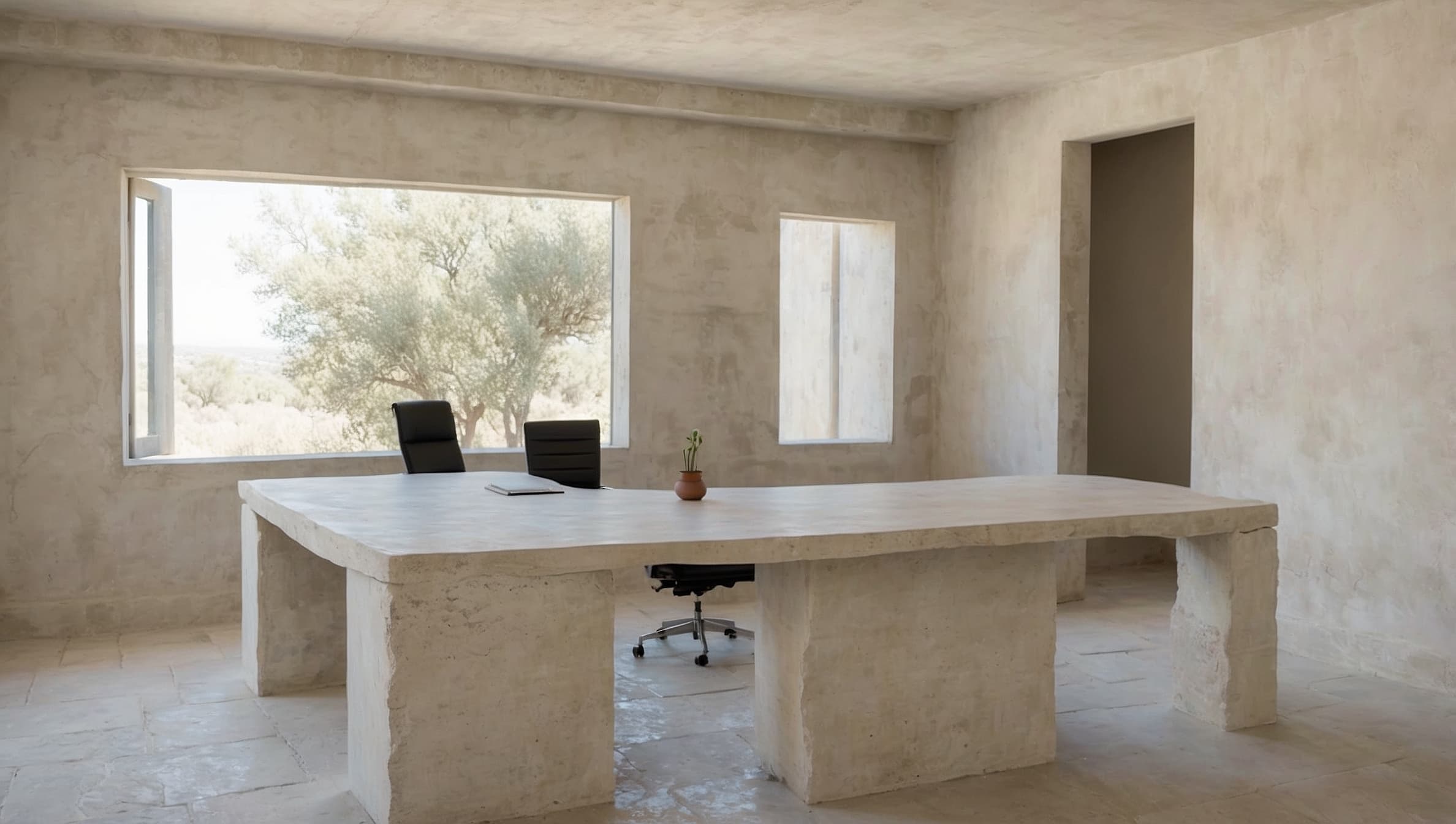 A wide stone-walled study with a travertine desk lit by early morning light through a deep window reveal