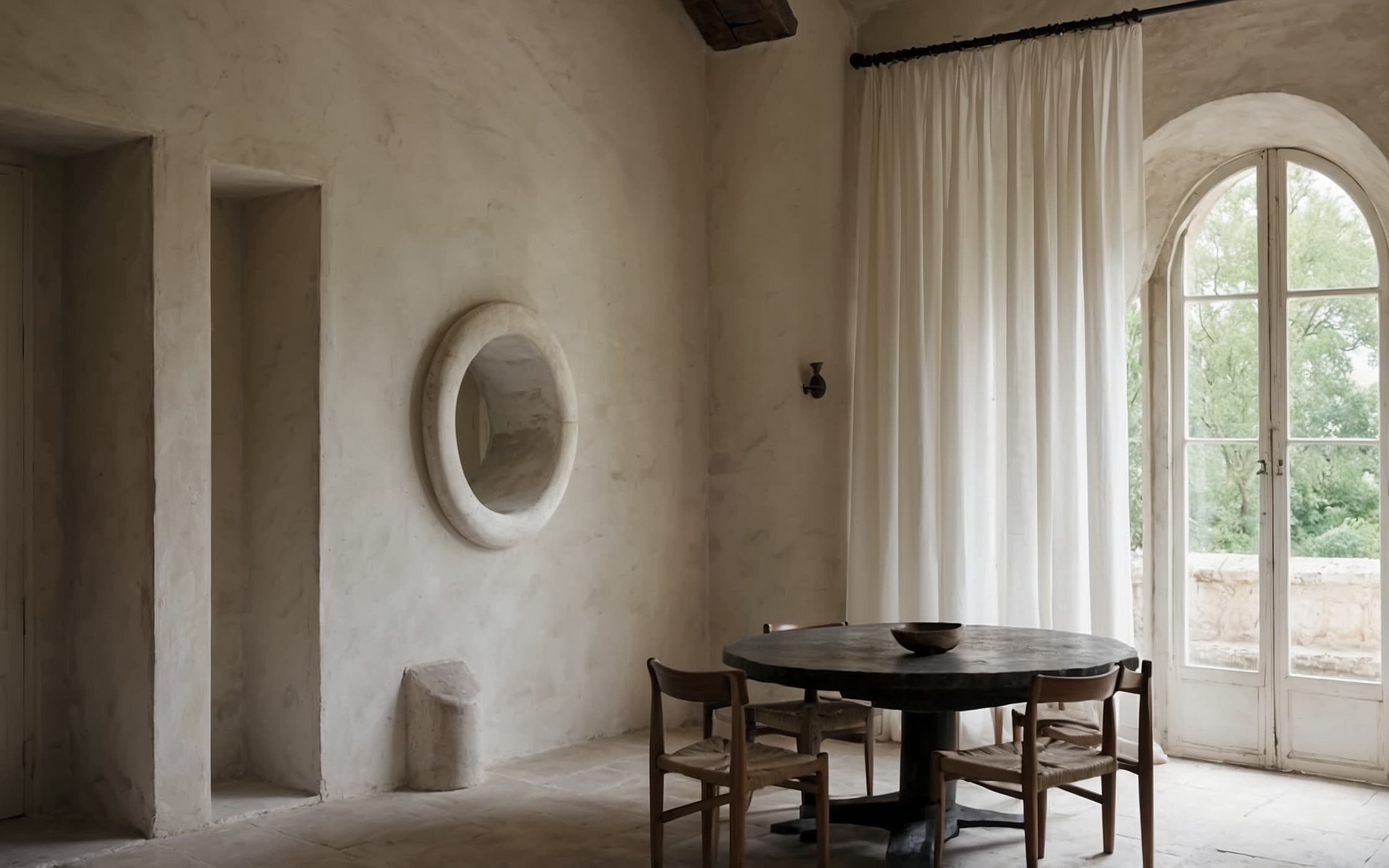 Wide dining room with a raw limestone arch opening to a second room beyond, walnut table centred beneath flat midday light
