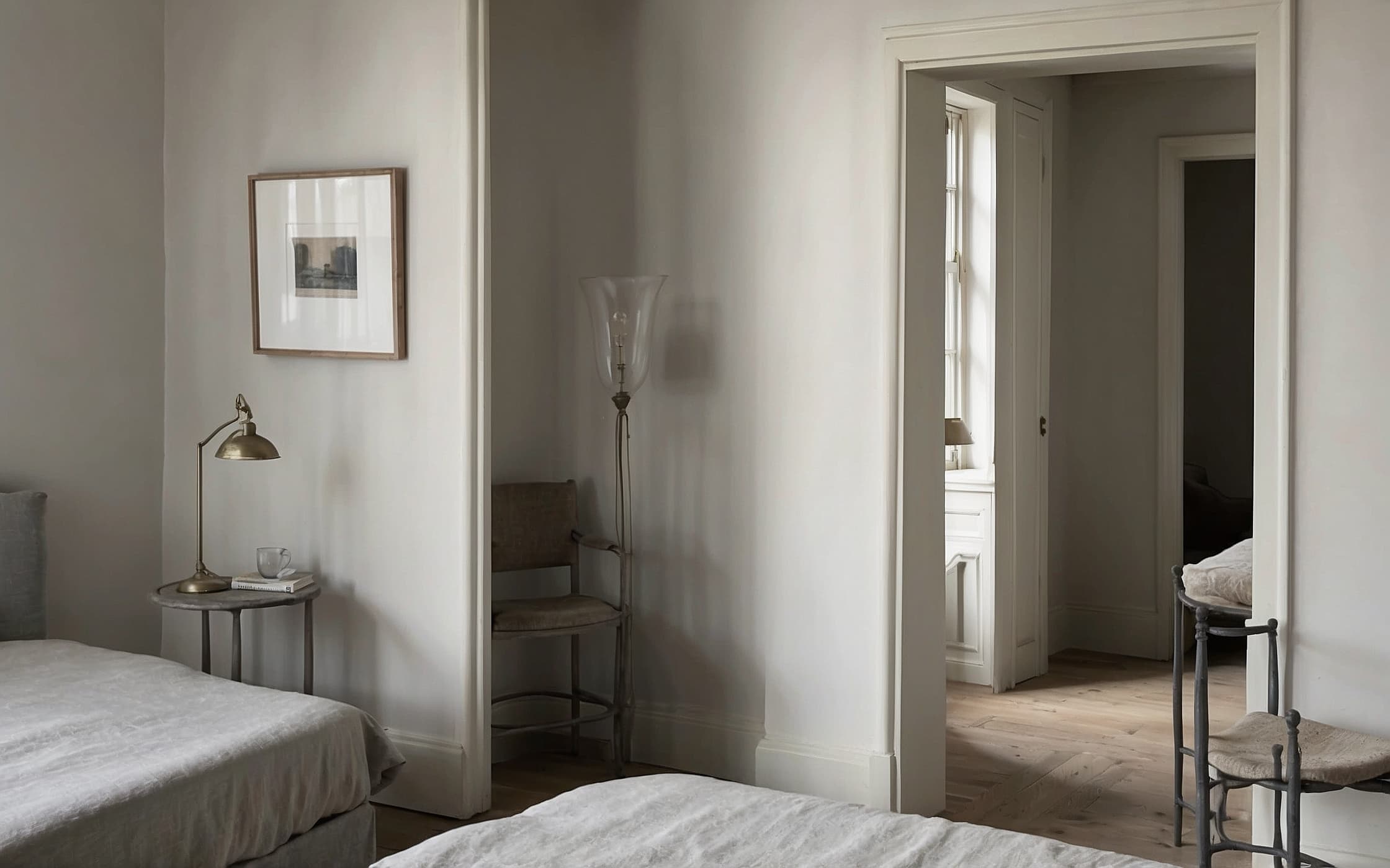 Birch nightstand beside a low bed, stoneware lamp lit against a dusk window