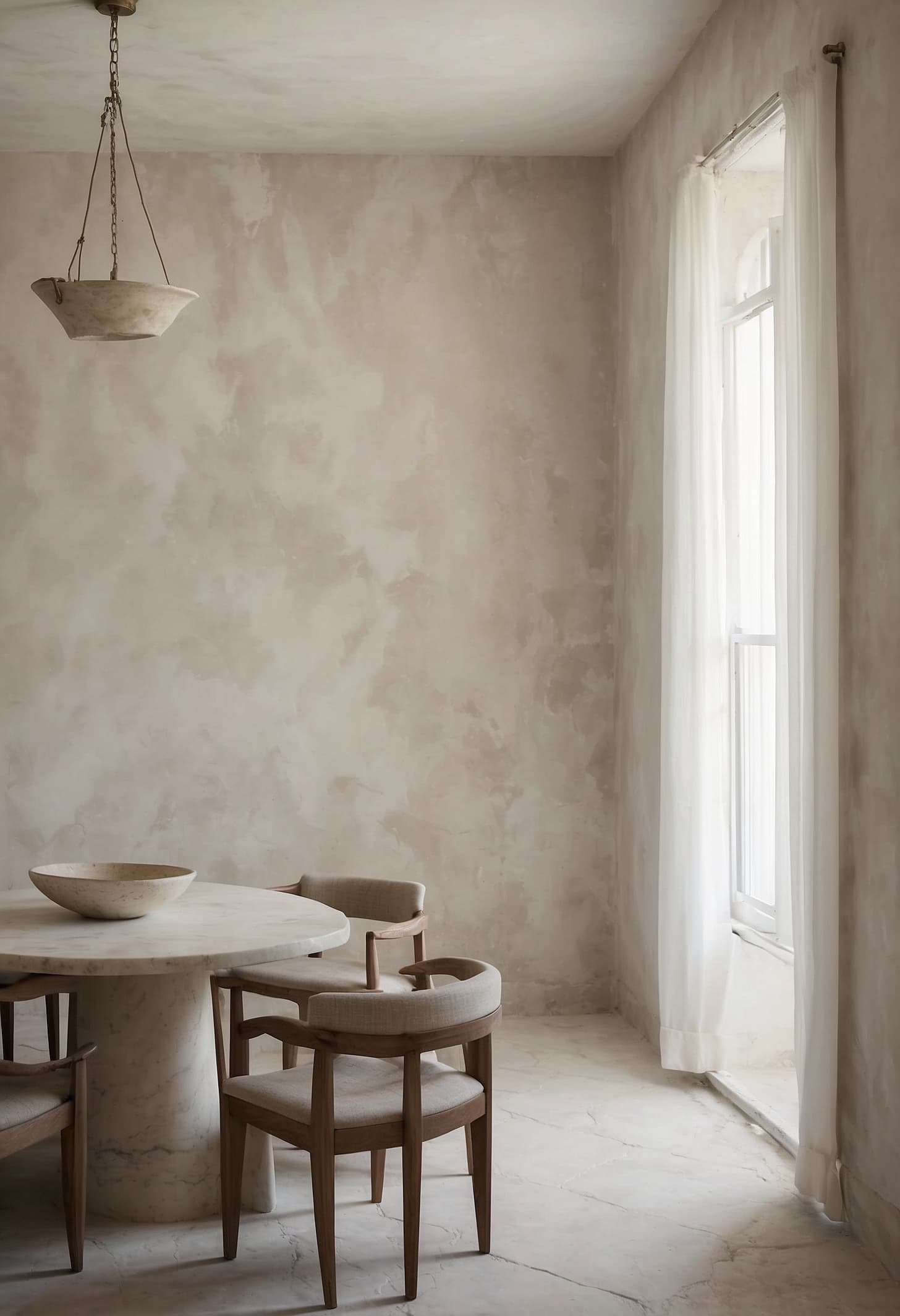Whitewashed corner dining room, travertine table, iron chandelier, deep window recess