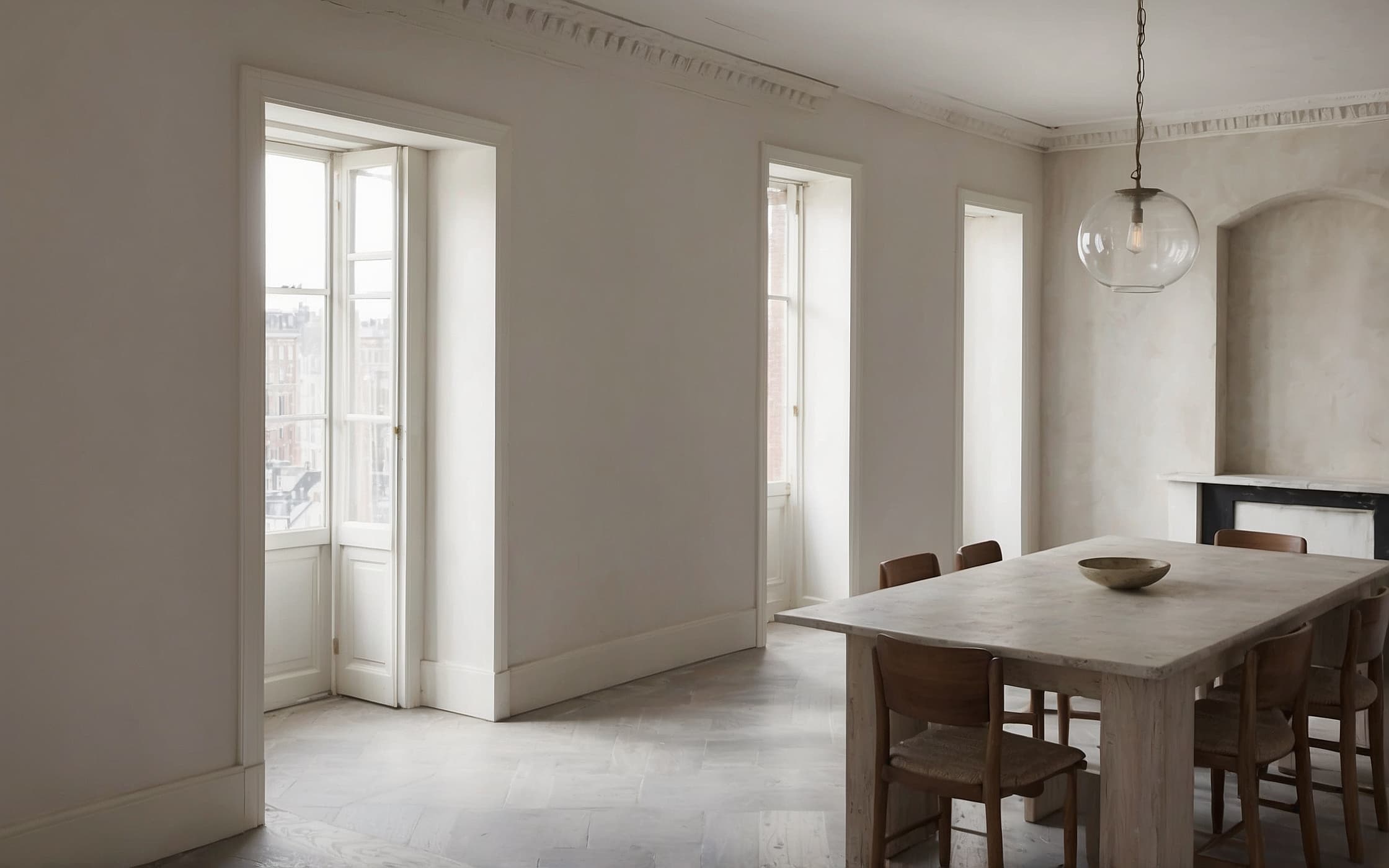 Wide Nordic dining room, long oak table, tall casement windows, pale limestone floor