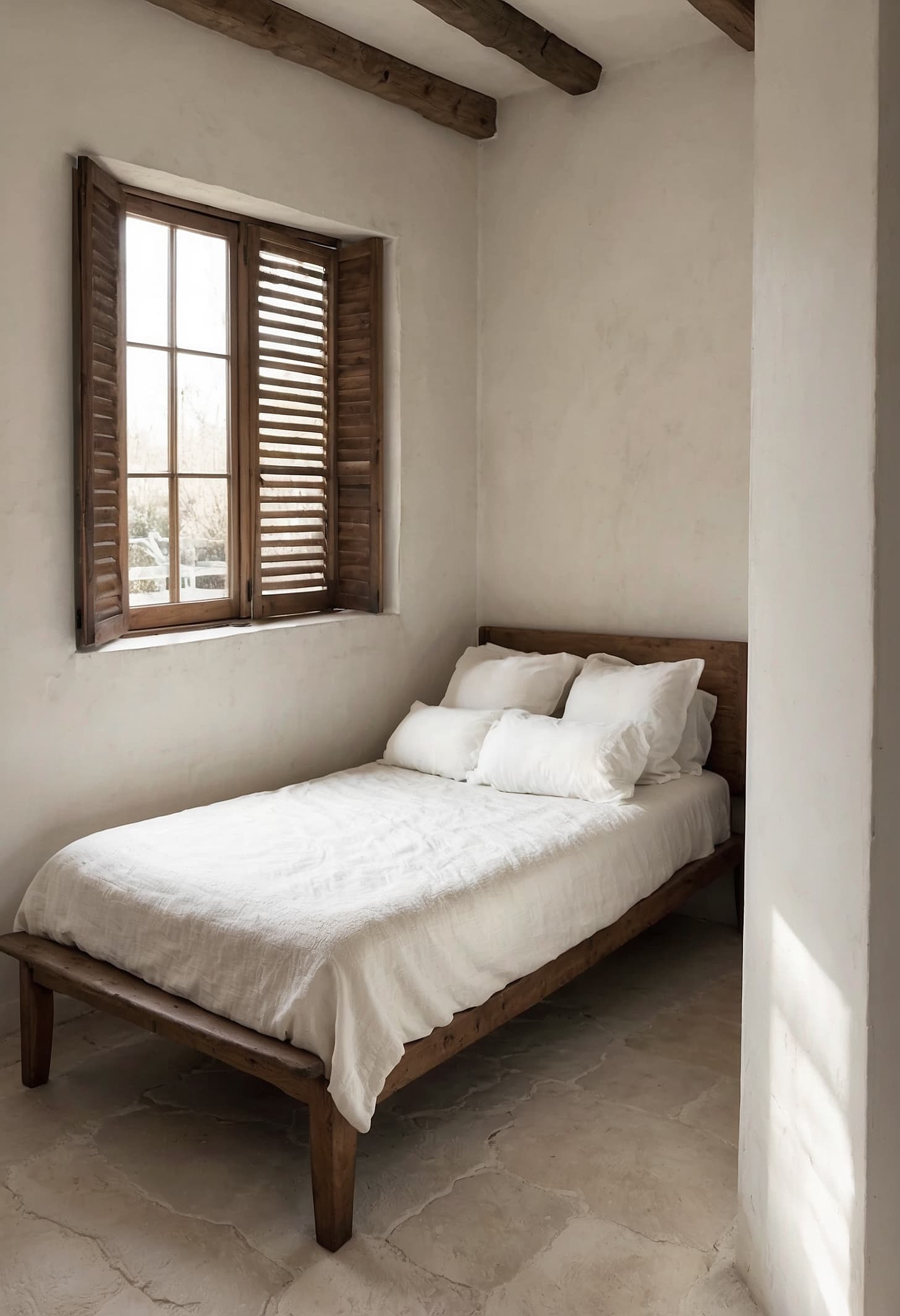 Whitewashed bedroom with iron bed, terracotta floor, and shuttered morning light