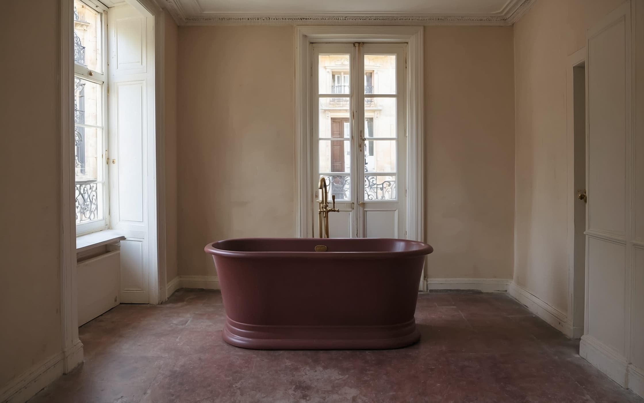 Wide bathroom with stone floor, brass tub, and shuttered afternoon light striping the walls