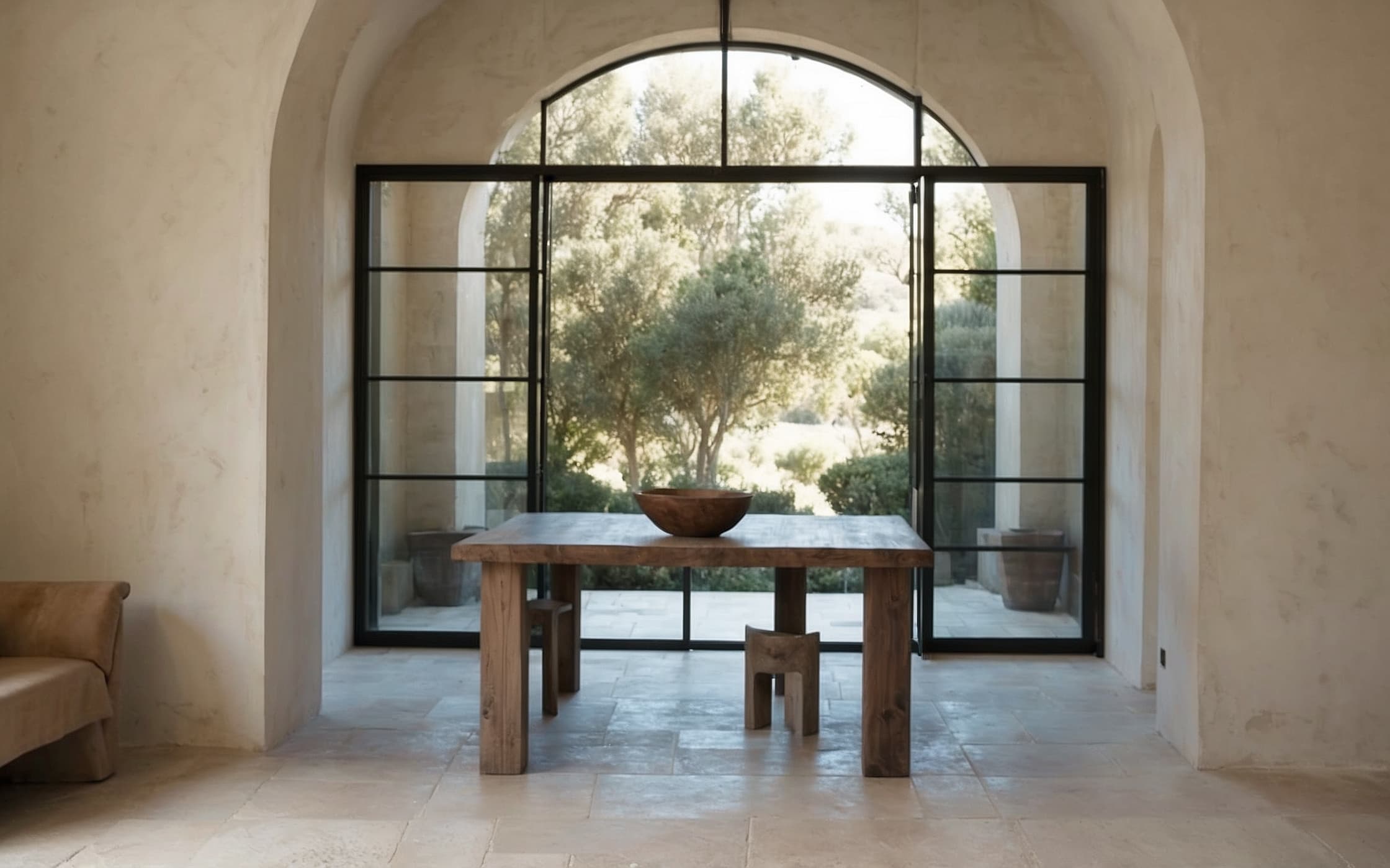 Vaulted whitewashed dining room seen through a stone arch, travertine table in afternoon light