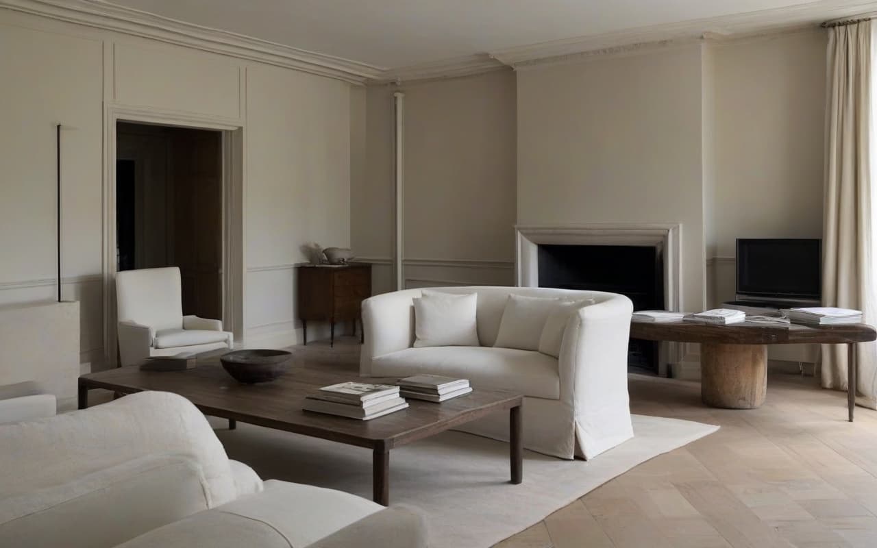 Plain Paris rental living room, laminate floor, grey sofa, pressboard shelves, flat white walls