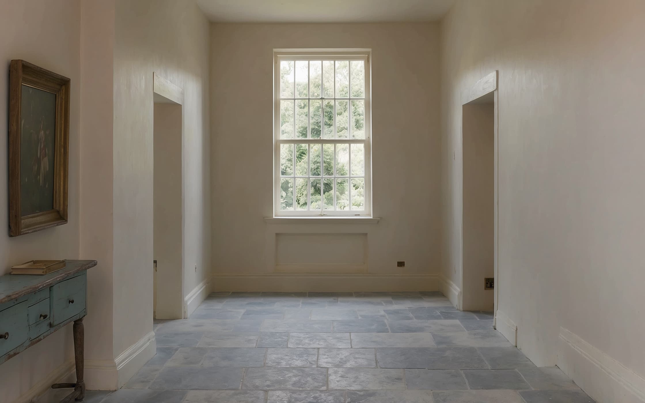 Long stone-floored hallway at dusk, brass sconce lit, faded wool runner, sash window at far end
