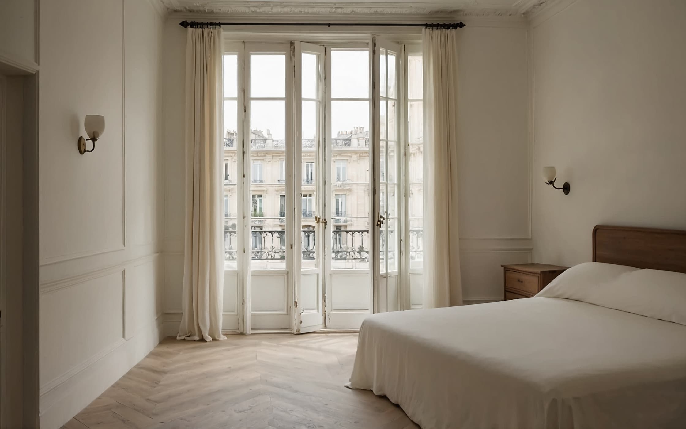 Quiet Parisian bedroom, pale boiserie walls, linen-dressed bed, shuttered window admitting flat morning light