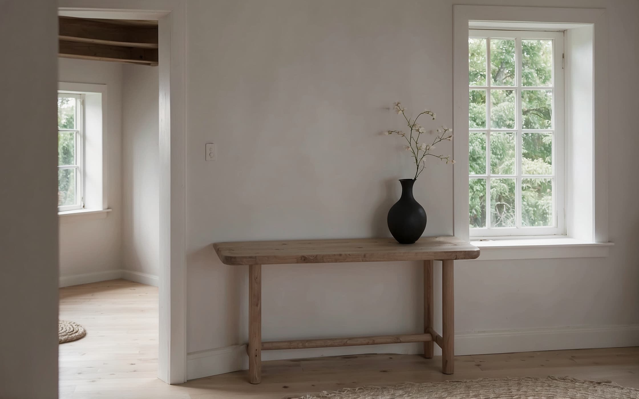 A quiet corner study with birch shelving and a wide window holding grey northern sky