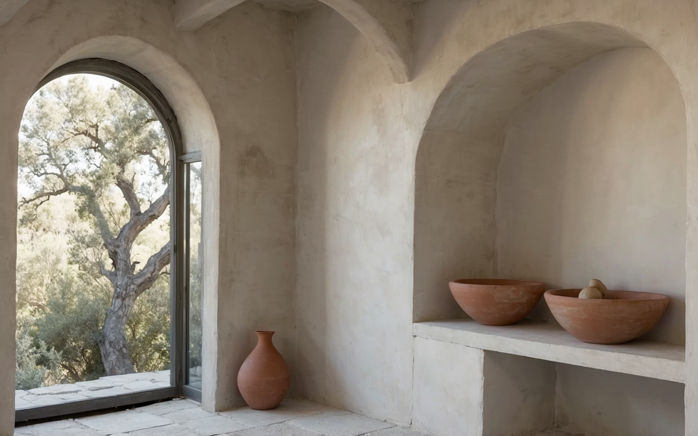 Vaulted limestone room with terracotta floor and a single shaft of midday light