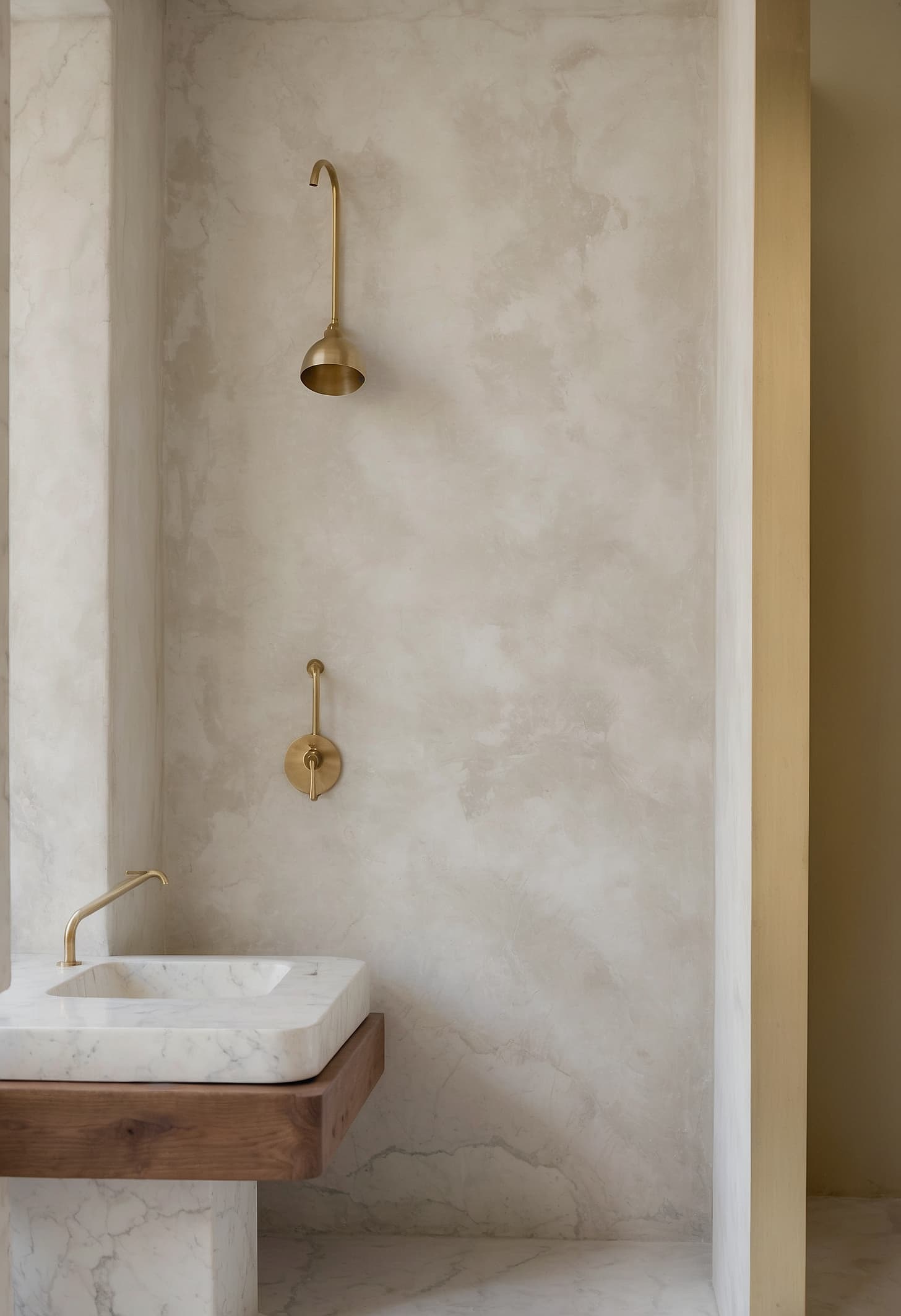 A limestone window niche and ceramic basin in a whitewashed plaster bathroom, warm afternoon light