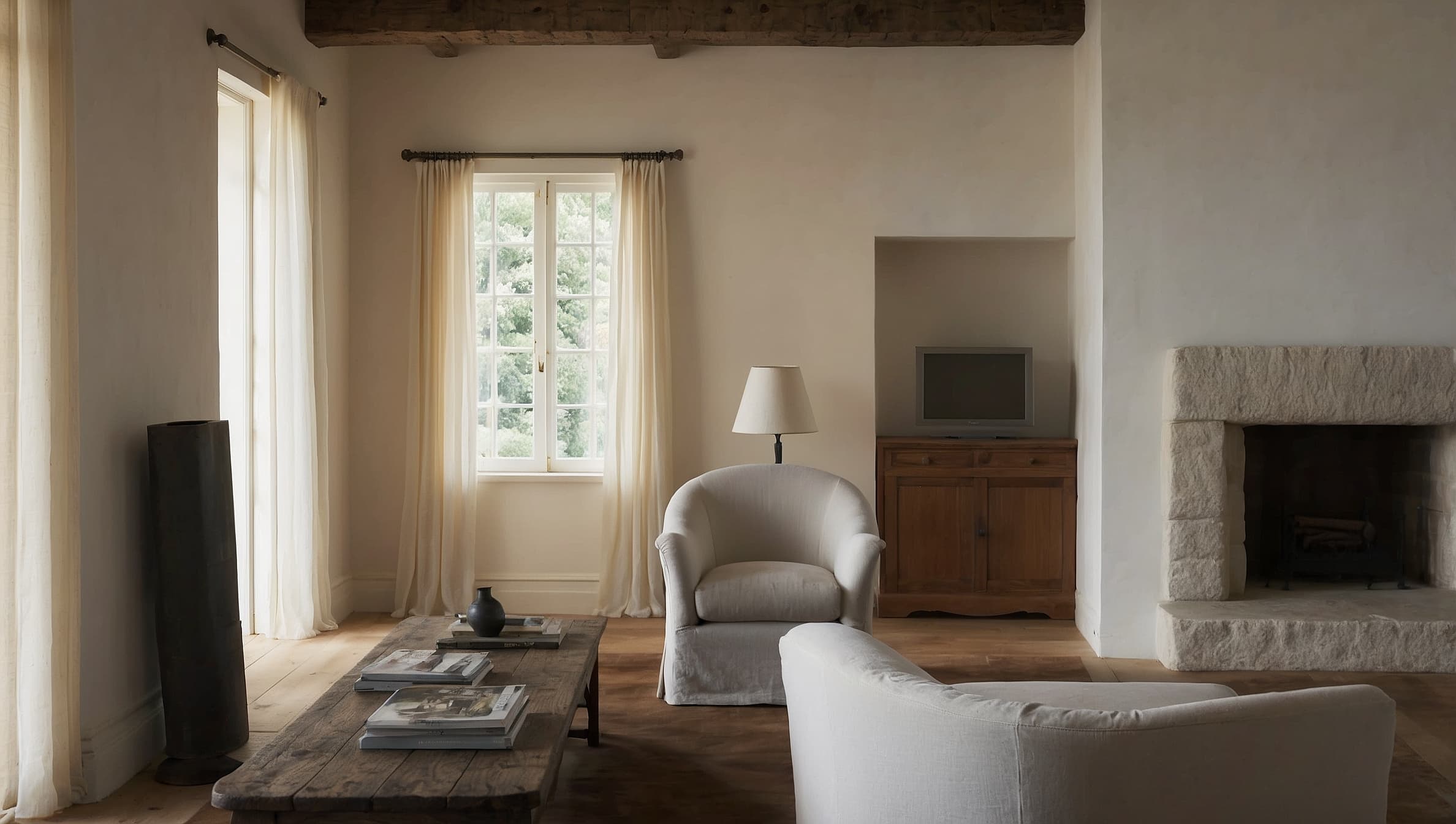 Stone-walled farmhouse living room, afternoon light crossing oak floor toward a sandstone fireplace