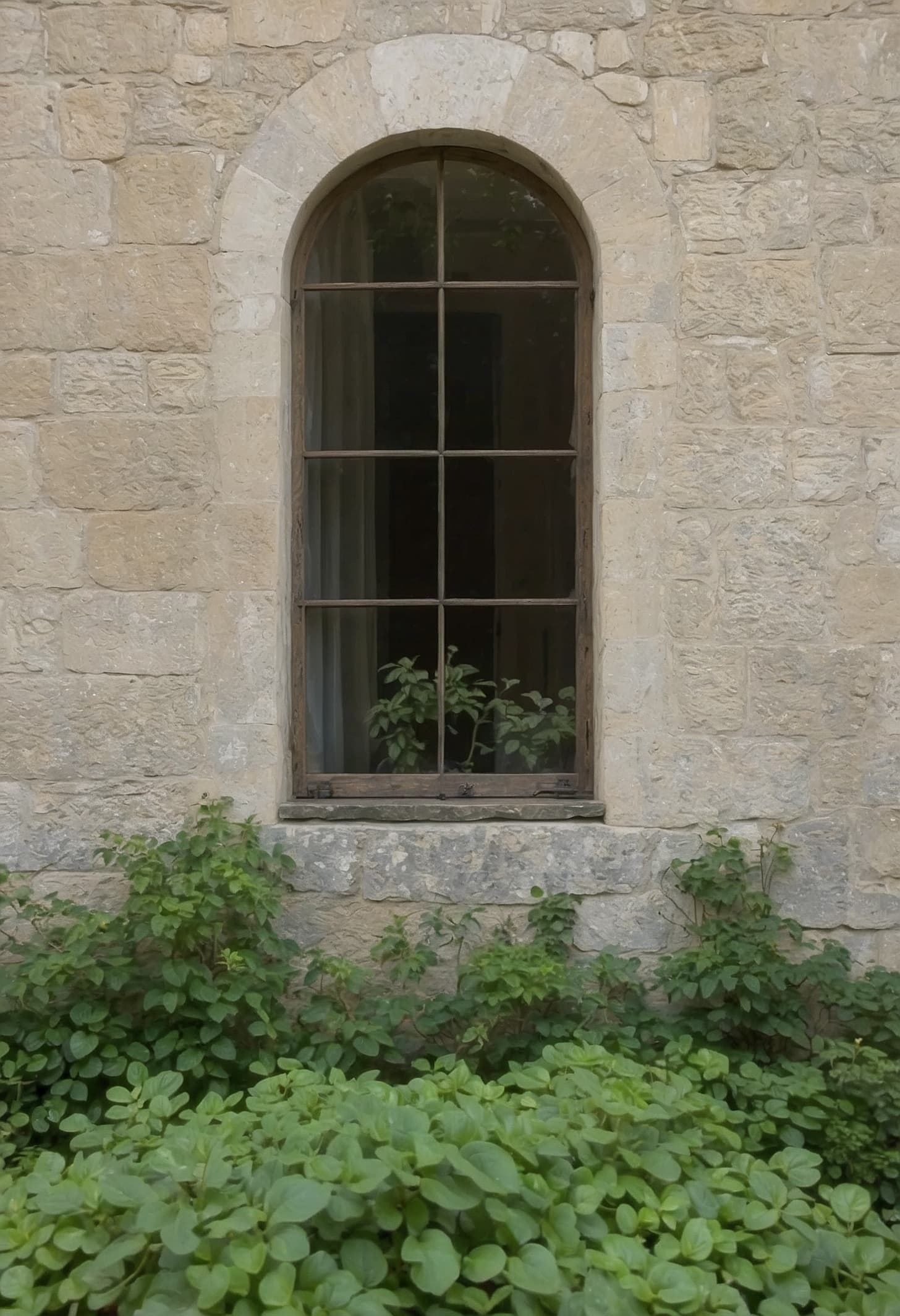 Close view of a worn limestone windowsill with a darkened brass casement stay resting against the stone.